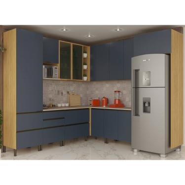 Imagem de Cozinha Completa Bartira Cristal com 11 Portas, 7 Gavetas, 13 Prateleiras, 3 Nichos e 260cm de largura - Lâmina de Mel/Azul Royal