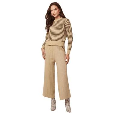 Imagem de Conjunto Feminino Tricot Blusa Listrada e Calça Canelada Pantalona - R