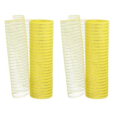 Imagem de PATIKIL 2 fitas decorativas de malha, 25,4 cm x 25,4 m, rolo de fita metálica para decoração de guirlanda de árvore de Natal, amarelo
