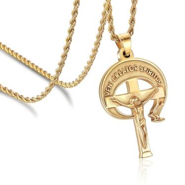 Imagem de HH.ChainLKS Colar de cruz de Jesus Cristo de aço inoxidável religioso INRI Veni Creator Spiritus Crucifixo para homens e mulheres corrente de 61 cm joia de amuleto católico presente, Large, Aço