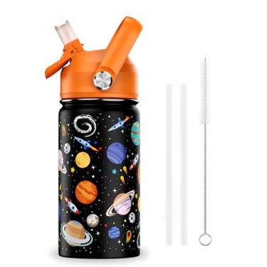 Imagem de ACESAK Garrafa de água infantil isolada de 400 ml com tampa de canudo – Copo infantil de aço inoxidável 18/8 para viagem, parede dupla, à prova de vazamento, garrafa de água infantil portátil (espaço)