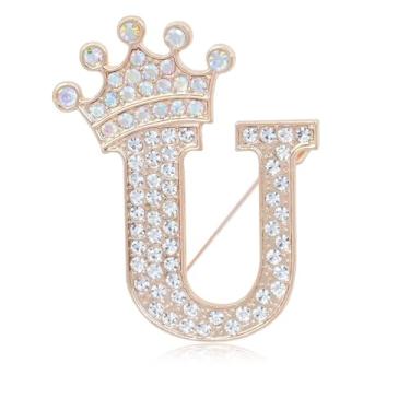 Imagem de Broche de letra inicial com coroa para mulheres, meninas, homens, meninos, broches de nome personalizado, artesanato, broche, colorido, strass, broche, ouro, A-Z, Zircônia cúbica