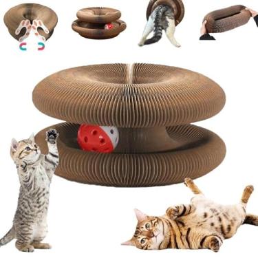 Imagem de NYXXZ Kitty Curlz Magic Organ Cat Scratching Board com bola de sino, brinquedo de gato de órgão mágico, arranhador de gato com design de acordeão dobrável, brinquedo interativo para alívio da