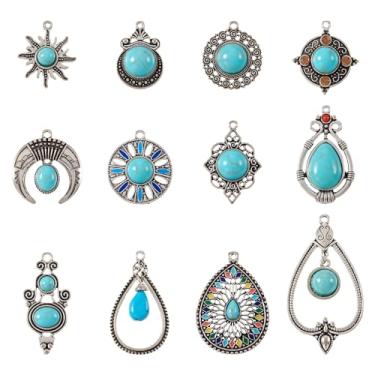 Imagem de Spritewelry 24 peças de pingentes ocidentais para fabricação de joias, pingentes de turquesa sintética, vintage, gota de sol, flor, pingente para pulseira, colar, brinco, artesanato, 12 estilos