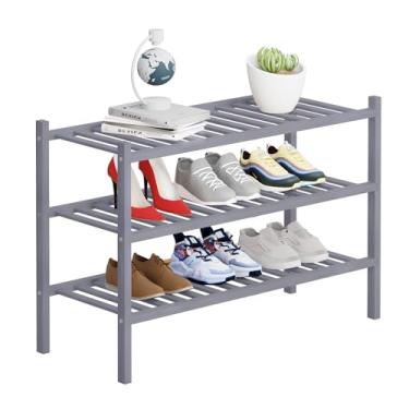 Imagem de Buymoth Organizador de armazenamento de sapatos de bambu de 3 níveis para armário, organizador multifuncional empilhável de prateleira de sapatos para espaços pequenos, entrada, corredor, banheiro 68