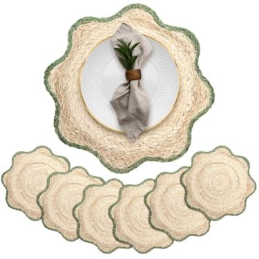 Imagem de Jingmore 6 peças de jogo americano tecido à mão de palha natural de palha natural para jantar, estilo rústico de casa de fazenda para uso interno e externo (verde, borda recortada)