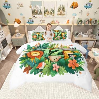 Imagem de Manfei Conjunto de edredom fofo de animais da selva, leão, girafa, flores, folhas, macio, para crianças, presente de 12 anos, edredom para decoração de quarto de meninos e meninas, 2 peças