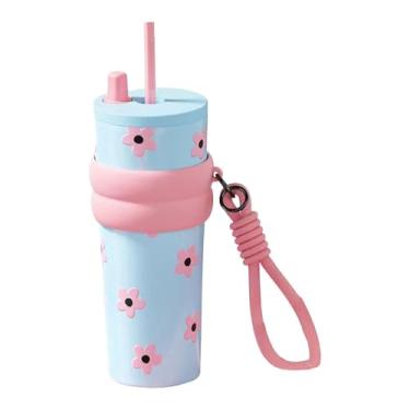 Imagem de Fxzqgnh Garrafa Térmica, Garrafa Portátil para Beber com Corda de Transporte, 710 Ml, Copo de aço Inoxidável para Camping, Playground, Flor-azul, Tamanho real