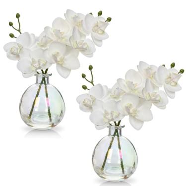 Imagem de Orquídeas Brancas Arranjo de Orquídeas Artificiais com Vaso de Vidro Iridescente Conjunto de 2 Peças Centrais de Orquídea Phalaenopsis de Toque Real para Mesa de Sala de Jantar