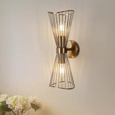 Imagem de JC TOPA Arandelas de parede de latão, luminária de parede de 2 luzes lâmpada de parede moderna de meados do século para sala de estar cabeceira corredor, E26