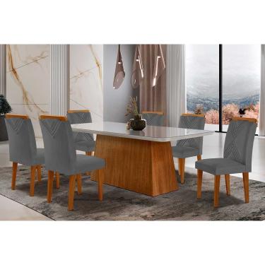Imagem de Conjunto: Mesa de Cozinha Luna Tampo Madeirado c/ Vidro Canto Curvo 180x90 e 6 Cadeiras Amsterdã Capuccino/Suede Grafite - Rufato
