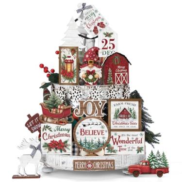 Imagem de Vercraft Decoração de bandeja de Natal em camadas, conjunto de decorações de caminhão, placas de madeira, decoração de mesa de fazenda para prateleira de mesa de casa (maravilhosa)