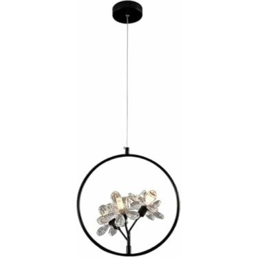 Imagem de WLHAZMWY Luminária pendente nórdica moderna decorativa luminária pendente em forma de flor lâmpada suspensa de cristal anel preto metal