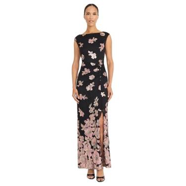 Imagem de Maggy London Vestidos femininos maxi floral de lantejoulas sem mangas, gola canoa, formal, noite, casamento, convidada, Preto/Blush/Preto, 42