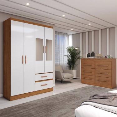 Imagem de Guarda-Roupa Solteiro Europa 4 Portas 2 Gavetas e Cômoda 6 Gavetas com Espelho Cinamomo/Off White - Panorama Móveis