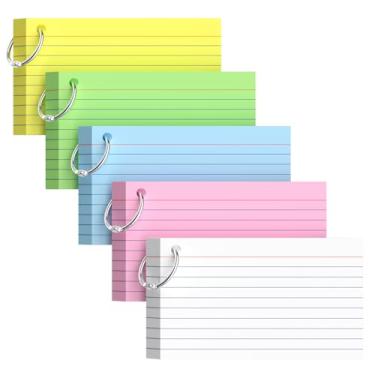 Imagem de Pacote com 250 cartões coloridos de 8 x 12 cm com chaveiro – cartões pesados de 180 g/m² – 5 cartões de cores vibrantes (branco, rosa, azul, amarelo verde) – Perfeito para estudo e anotações, material