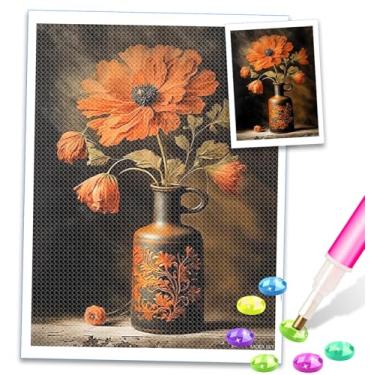 Imagem de MOER SKY Kits de pintura de diamante vintage flores laranjeiras, diamante redondo 5D pedra preciosa ponto cruz pintura de diamante, 30,5 x 40,6 cm para iniciantes, decoração de quarto interativo