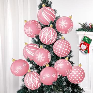 Imagem de 12 peças de enfeites grandes de bolas de Natal rosa e branco, decorações de palitos de árvore de Natal, espiral, pirulito, hortelã-pimenta, enfeite de árvore de Natal para casa, escritório, inverno