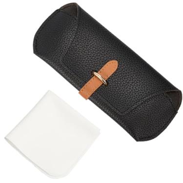 Imagem de CREATCABIN Estojo de óculos de sol de couro macio bolsa fina para óculos com fivela pano de limpeza preto suporte de óculos portátil estojo de óculos bolsa de óculos para mulheres homens viagens ao ar