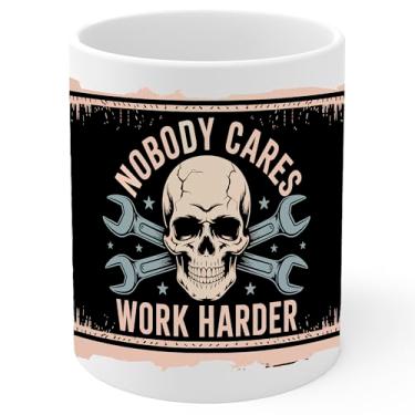 Imagem de Caneca de café de cerâmica Nobody Cares Work Harder 325 ml motivacional academia fitness - Caneca de chá e café com aderência confortável - Presente divertido exclusivo copo branco para escritório ou