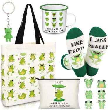 Imagem de Yeyeplum O conjunto de cestas de presentes de aniversário para mulheres para amantes de sapos inclui sacola de lona, bolsa de maquiagem, meias, chaveiro, caneca esmaltada, estatuetas pequenas para mãe
