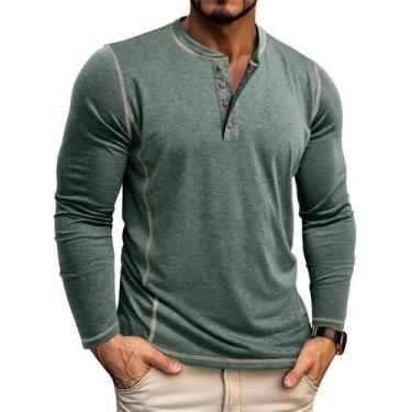 Imagem de Camisas masculinas Henley Angbater Casual de Manga Comprida Verde