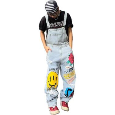 Imagem de Macacão jeans DFGIGT Ripped Baggy masculino azul tamanho M