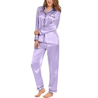 Imagem de Conjunto de pijama feminino SWOMOG, seda, cetim, manga comprida, lavan