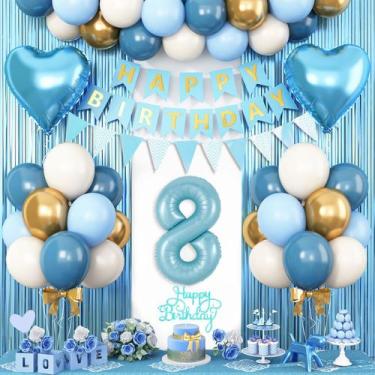 Imagem de Decorações de aniversário: Adoravelmente, 8º aniversário, azul, branco