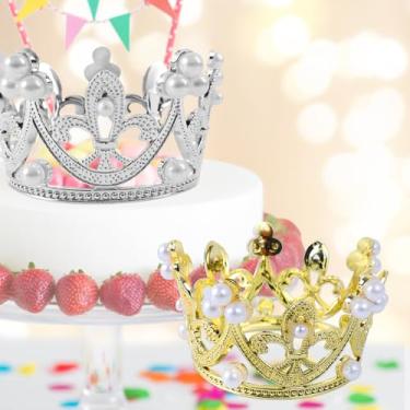 Imagem de 2 peças de sobremesa coroa pequena decoração topo de bolo coroa de plástico decoração de bolo princesa topper, 3,5 * 5,5 cm (ouro e prata)