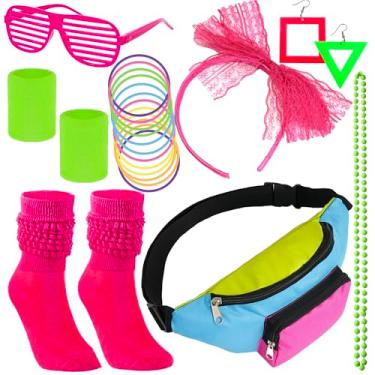 Imagem de YAROMO Acessórios de fantasia dos anos 80, pochete dos anos 80, faixa de cabelo, luvas arrastão, pulseira, colar, meias para mulheres (rosa rosa)