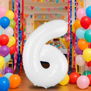 Imagem de Balão branco número 6 de 102 cm para decoração de aniversário de 6 anos, balões autoinfláveis com números de folha de creme de 0 a 9, balão de hélio de areia branca para meninos, meninas, mulheres