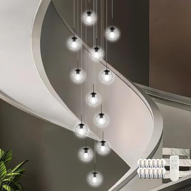 Imagem de KoKo&Yukina Lustre moderno preto de 12 luzes de meados do século para sala de estar, escada, lustre para entrada, lustre de vidro globo transparente, lustres de teto alto, entrada (lâmpada e controle