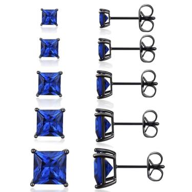 Imagem de MDFUN Conjunto de 5 pares de brincos masculinos banhados a ouro preto de 3 a 7 mm, redondos e quadrados, joias hipoalergênicas femininas, Aço inoxidável, Safira sintética