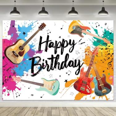 Imagem de LGhtyro Pano de fundo de guitarra com tema musical de feliz aniversário, notas musicais, azul e vermelho, festas de aniversário para crianças, decoração de fundo colorido, moderno, tecido, sessão de