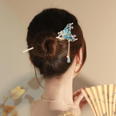 Imagem de 3 peças elegantes de cristal falso borboleta flor grampos de cabelo estilo chinês espumante strass flor pauzinhos com borla para mulheres