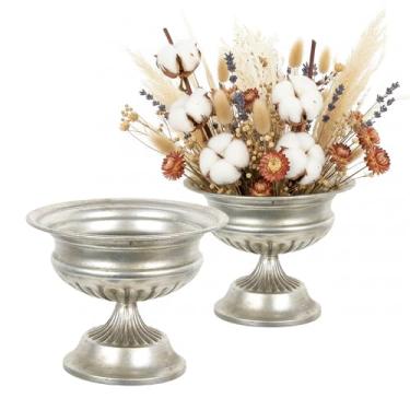 Imagem de WORTH Conjunto de 2 vasos de urna pequenos para centros de mesa, vasos de flores de trompete de metal clássico para mesa, vaso de tigela para festa de casamento, evento de decoração de casa (prata