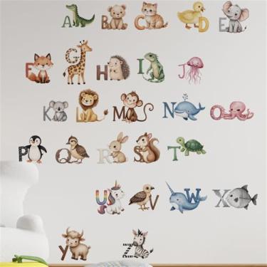 Imagem de WALLMEII Adesivos de parede coloridos do alfabeto animal descasque e cole letras de decoração de quarto infantil ABC educacional quarto berçário sala de aula decorações de sala de jogos