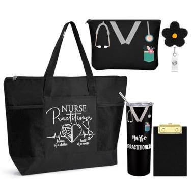 Imagem de Sieral 5 peças de presentes de enfermeira a granel para mulheres presentes de Natal NP tote bolsa de maquiagem crachá prancheta (preto)