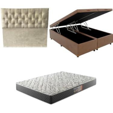 Imagem de Cama Box Baú Bipartida Blindada com Colchão de Espuma D33 20cm + Cabeceira Botonê (CORINO MARROM, Queen)