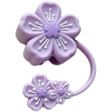 Imagem de Tampa de palha roxa de flores de cerejeira para copo Stanley, tampa de palha de silicone de 10 mm para acessórios de copo Stanley, lindo topo de palha para copos, tampa de palha para canudos