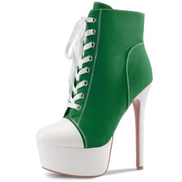 Imagem de Perisis Bota feminina preta plataforma tornozelo salto alto stiletto bota curta cadarço lona sapatos fechados bico redondo com zíper lateral para mulheres sexy primavera outono inverno, Lona verde, 40
