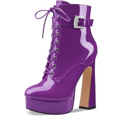 Imagem de Perisis Bota feminina preta de cano curto plataforma com cadarço salto alto grosso fechado bico redondo com zíper lateral e fivela de alça para mulheres sexy e fofas, Patente roxo, 37