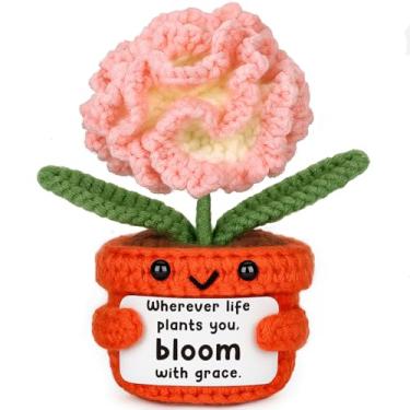 Imagem de Christmas Birthday Gifts for Women, Handmade Crochet Carnation Flowers “Bloom with Grace” – Inspirational Gifts for Friend Coworkers Teacher Sister Mom Daughter Her Mini Stocking Stuffer, Desk Decor