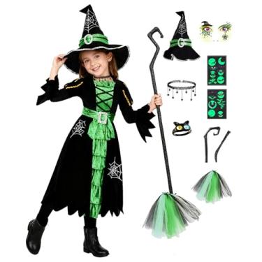 Imagem de Fantspati Fantasia de bruxa para meninas, fantasia de Halloween para meninas, vestido de bruxa verde com colar de chapéu de vassoura
