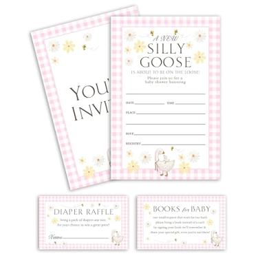 Imagem de FTRZX Cartões de convite de chá de bebê Goose Daisy, conjunto de 25 cartões de sorteio de fraldas, bebê para cartões de livro e envelopes, convites de festa revelação de gênero para meninos meninas