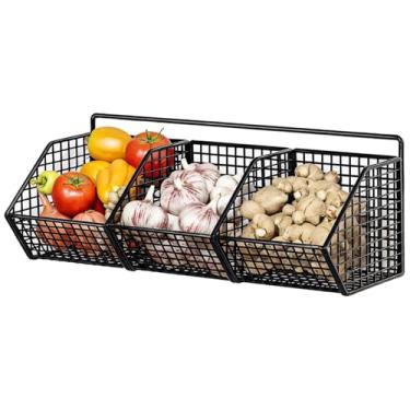 Imagem de Cesta de cozinha de 3 compartimentos montável na parede, organizador de malha de ferro preto para despensa, área de utilidade, 14,2 x 5,9 x 8,4 cm