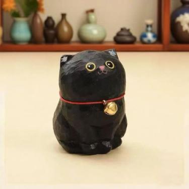 Imagem de Xiyuelily Estatuetas de gato preto esculpidas à mão – 2 peças pequenas estátuas de gato pintadas com base, decoração de mesa ou prateleira fofa, estatuetas de animais de estimação ecológicas
