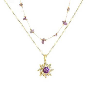 Imagem de Zurlcdye Colar Rapunzel feminino sol dourado gargantilha em camadas ametista cristal roxo colar delicado acessórios de fantasia Rapunzel, Sem Pedra Preciosa