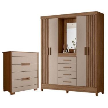 Imagem de Guarda Roupa Solteiro Com Espelho Atenas E Cômoda Dhara Carvalho Fendi